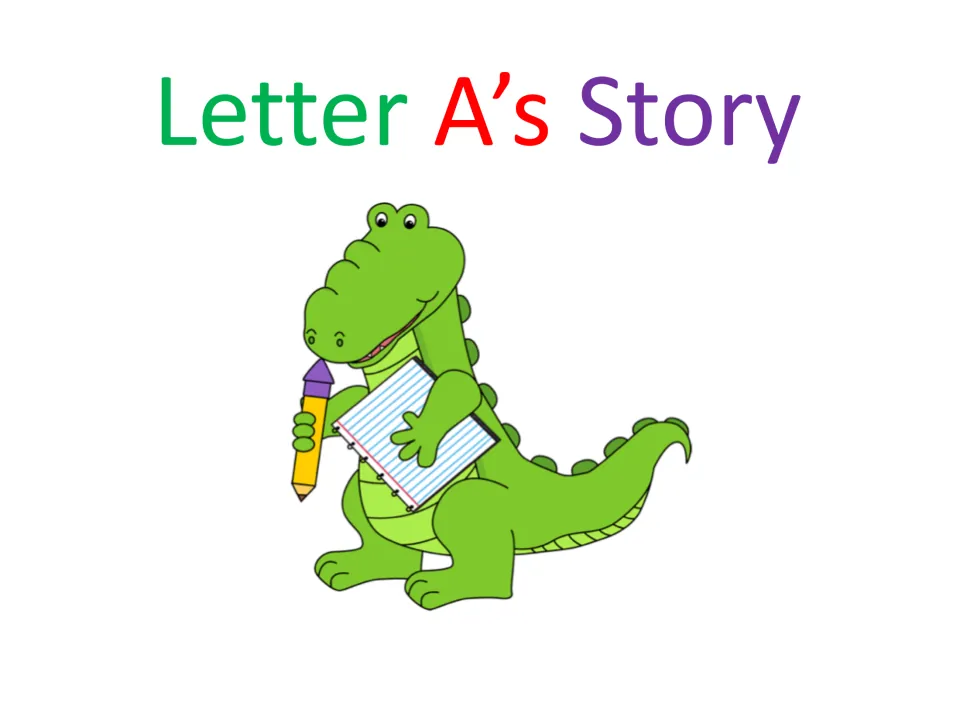 Letter A's Story title page introducing the letter A story, with a green alligator holding a pencil and notepad