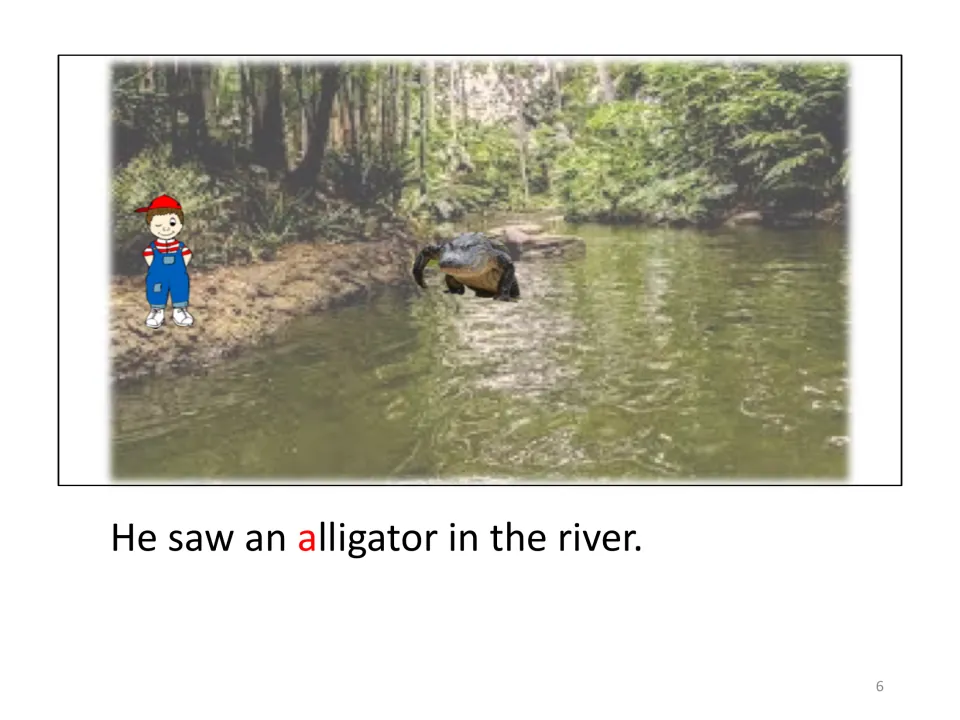 Story page: Aaron on a riverbank spots an alligator, with the sentence "He saw an alligator in the river."