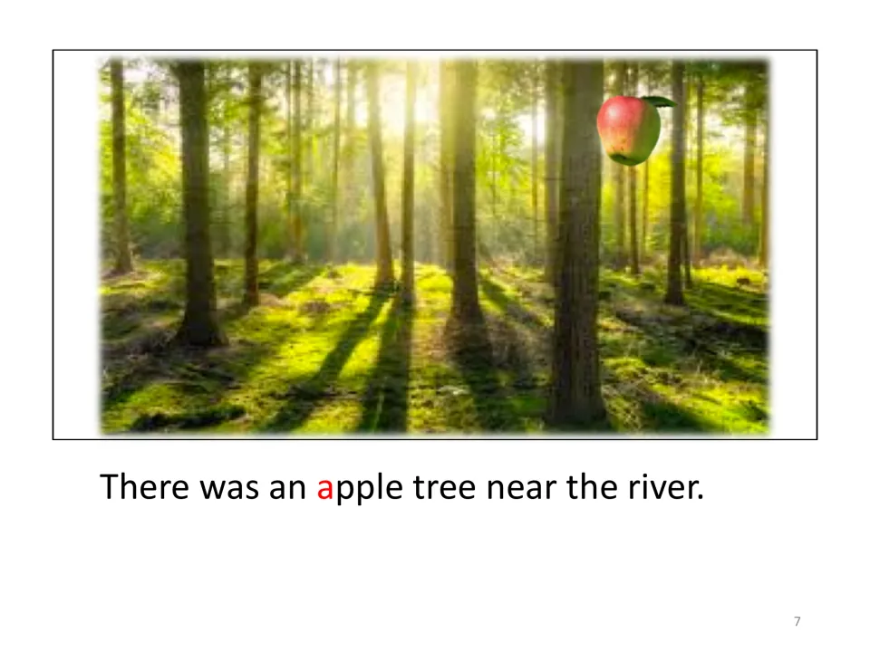 Story page: an apple hangs among forest trees above "There was an apple tree near the river," with a in red