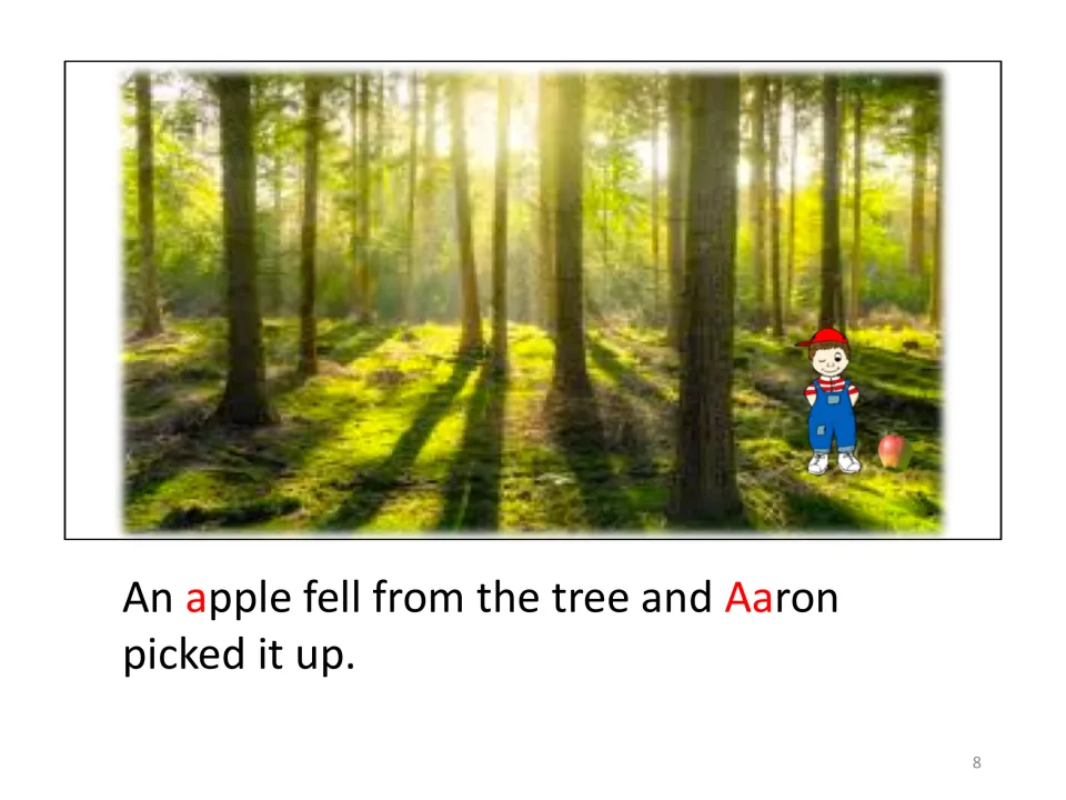Story page: Aaron stands beside a fallen apple in the forest; the text reads that he picked the apple up