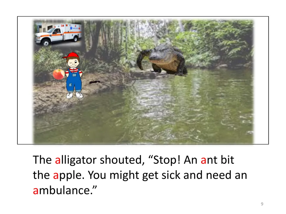 Story page: the alligator warns Aaron that an ant bit the apple and he might need an ambulance; A words in red