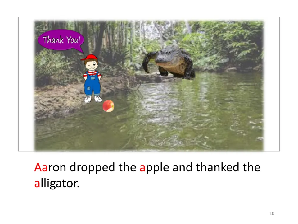 Story page ending: Aaron drops the apple and says Thank You to the alligator in a speech bubble by the river