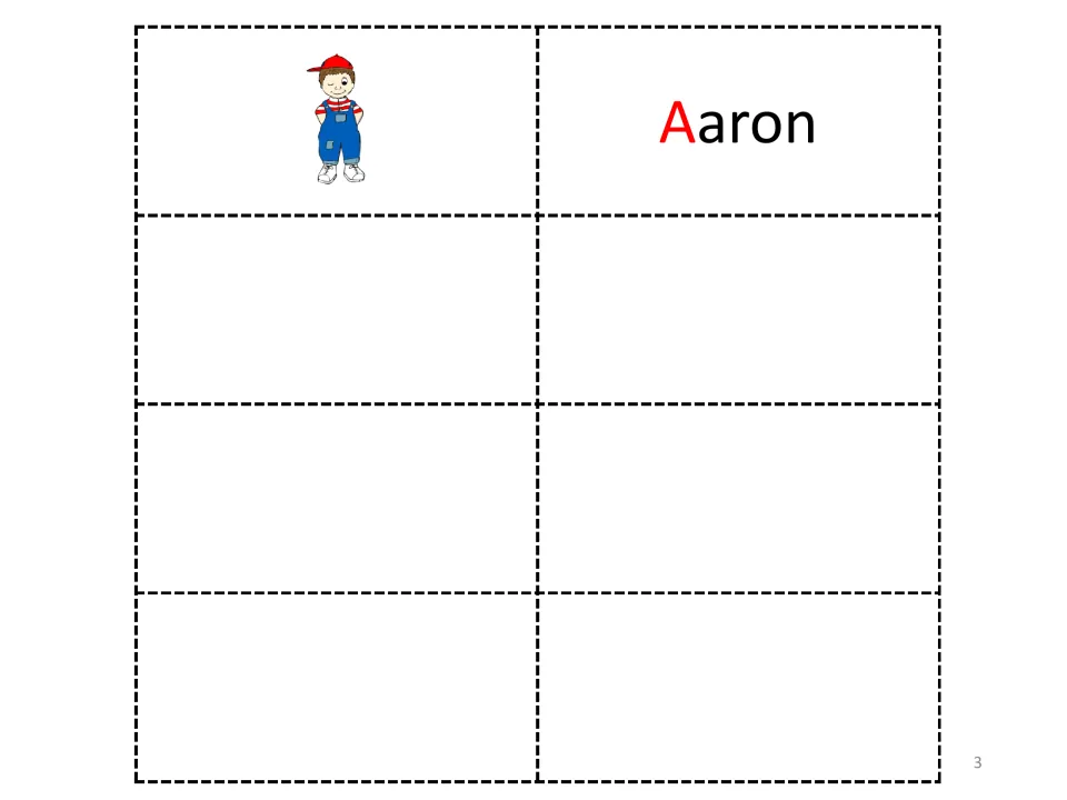 Letter A vocabulary continuation pairs a boy’s picture with the name Aaron, highlighting the initial A in red.