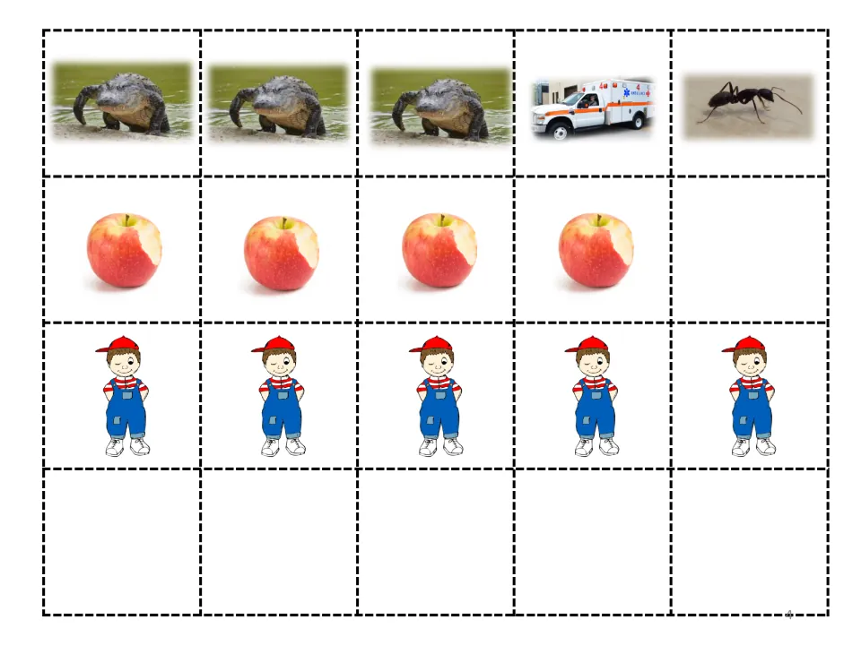 Story cutouts include three alligators, one ambulance, one ant, four apples, and five pictures of Aaron.