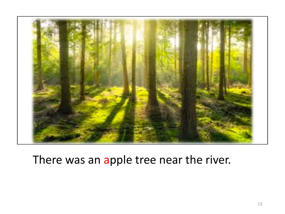 Story scene for adding cutouts shows a forest and the sentence “There was an apple tree near the river.”
