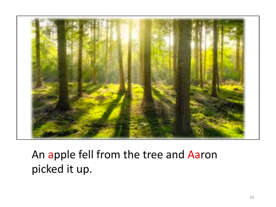 Story scene for adding cutouts reads “An apple fell from the tree and Aaron picked it up” beneath a forest.