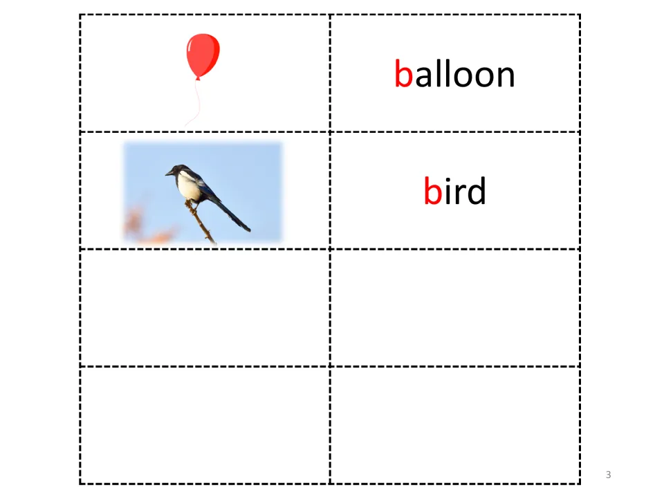 Letter B vocabulary page pairs balloon and bird pictures with their words, highlighting each initial b in red.