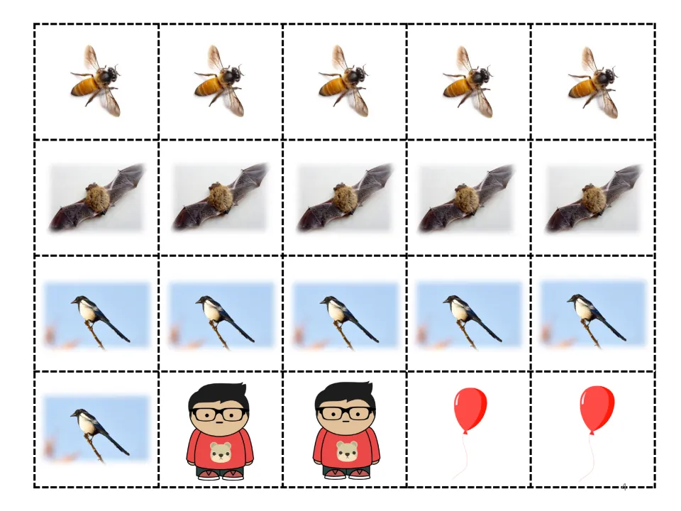 Story cut-and-glue sheet contains 20 pictures: five bees, five bats, six birds, two boys, and two balloons.