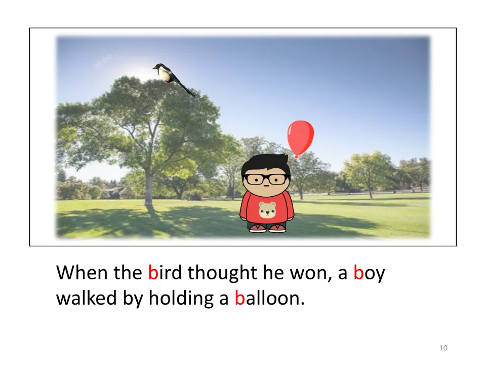 Illustrated story page shows a bird above a boy holding a balloon as the text says the bird thought he won.