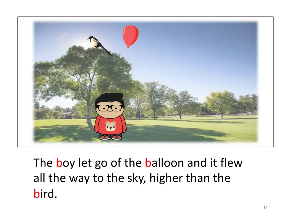 Illustrated story page shows the boy’s released balloon above the bird as it flies higher into the sky.