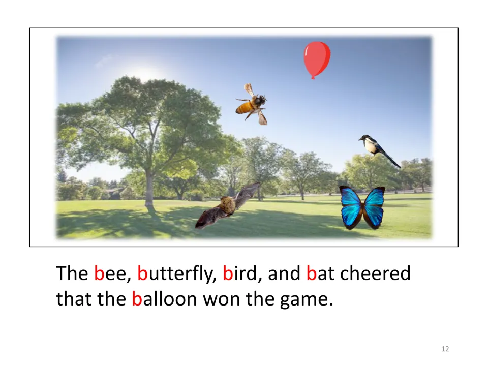 Illustrated story ending shows the bee, butterfly, bird, and bat cheering because the balloon won the game.
