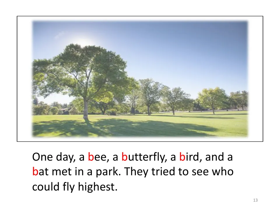 Story page for adding pictures introduces a bee, butterfly, bird, and bat competing to fly highest in a park.