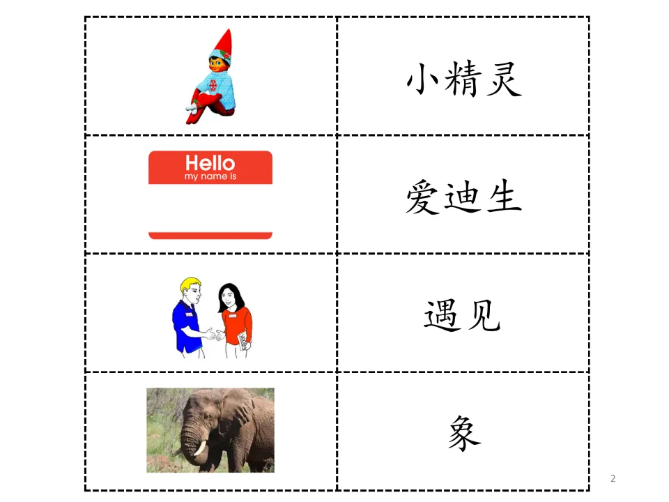 Story vocabulary entries 1–4: 小精灵 (elf), 爱迪生 (Edison), 遇见 (meet), and 象 (elephant), paired with pictures