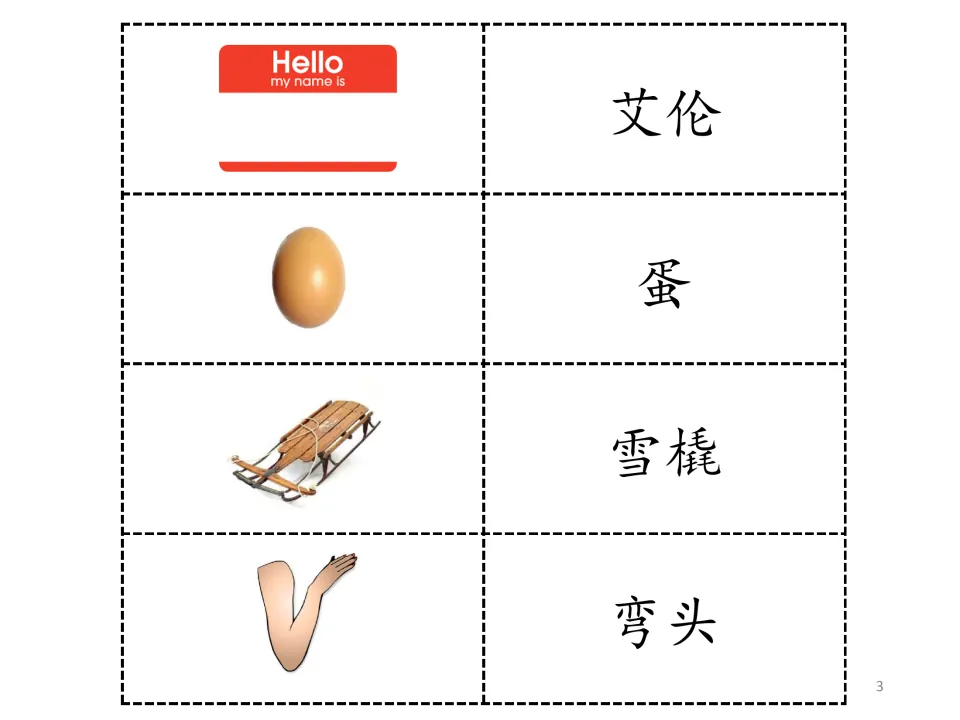 Story vocabulary entries 5–8: 艾伦 (Allen), 蛋 (egg), 雪橇 (sled), and 弯头 beside a picture of a bent elbow