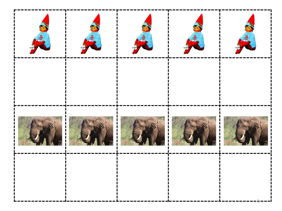Story cutout sheet containing five matching elf pictures and five matching elephant pictures for pasting