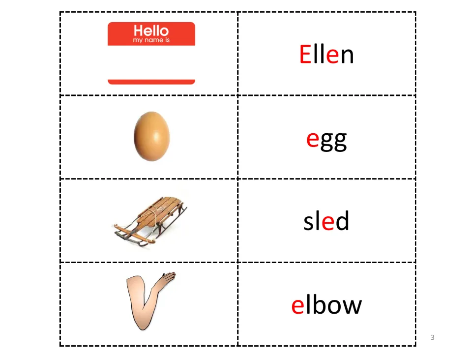 Letter E word cards: pictures of a name tag, an egg, a sled and an arm paired with Ellen, egg, sled and elbow