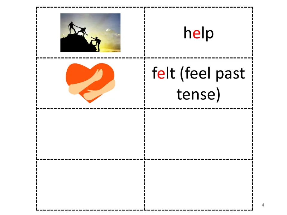 More e story words: climbers reaching out a hand for help and a hugged heart for felt, the past tense of feel