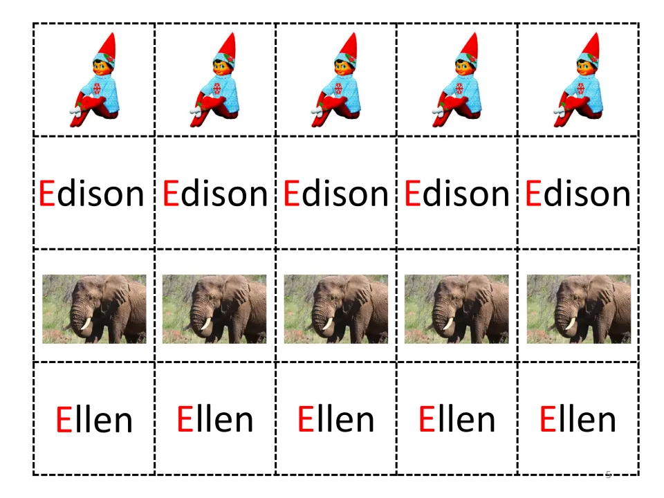 Character cut-outs: a row each of elf pictures, Edison name labels, elephant photos and Ellen tags to cut and glue