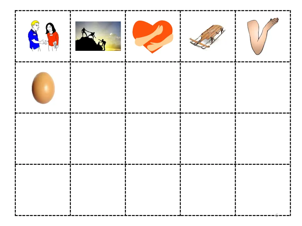 Picture cut-outs for the story: meeting, helping, a heart hug, a sled, an elbow and an egg for students to cut and place