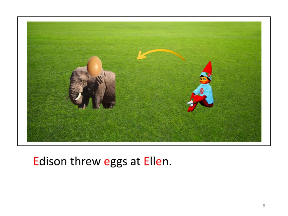 Story page: 'Edison threw eggs at Ellen' shows the elf tossing an egg that lands on the elephant, with e letters in red