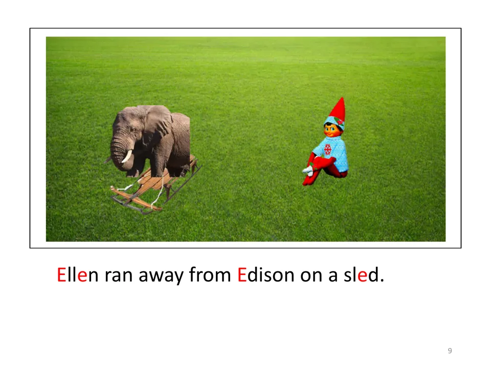 Story page: 'Ellen ran away from Edison on a sled' pictures the elephant riding a wooden sled away from the seated elf