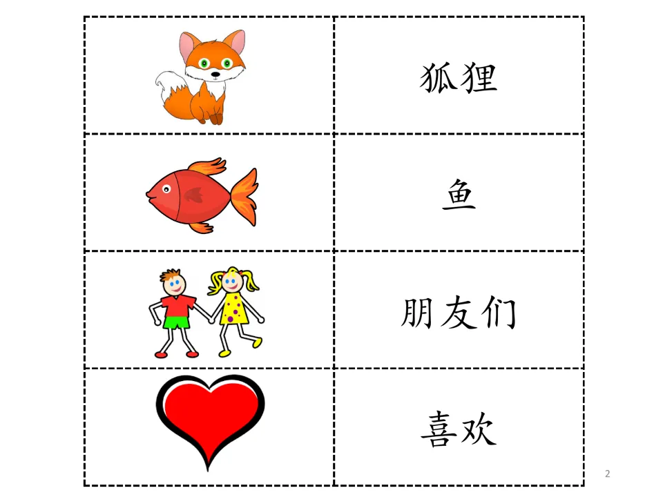 Story vocabulary entries 1–4 pair pictures with 狐狸 (fox), 鱼 (fish), 朋友们 (friends), and 喜欢 (like)