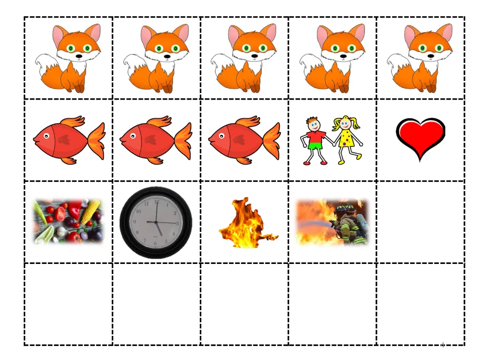 Story cutouts: five foxes, three fish, friends, a heart, fresh food, a clock, fire, and a firefighter