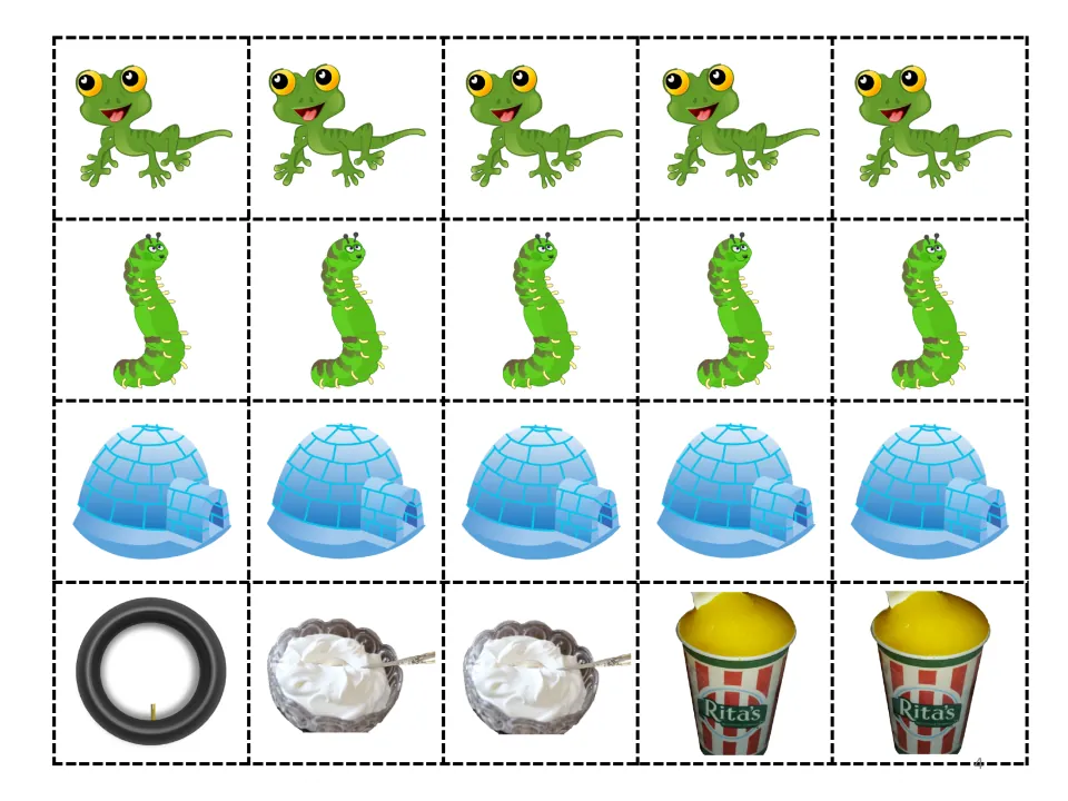 Story cutouts: five iguanas, five inchworms, five igloos, one inner tube, two creams, and two Italian ices.