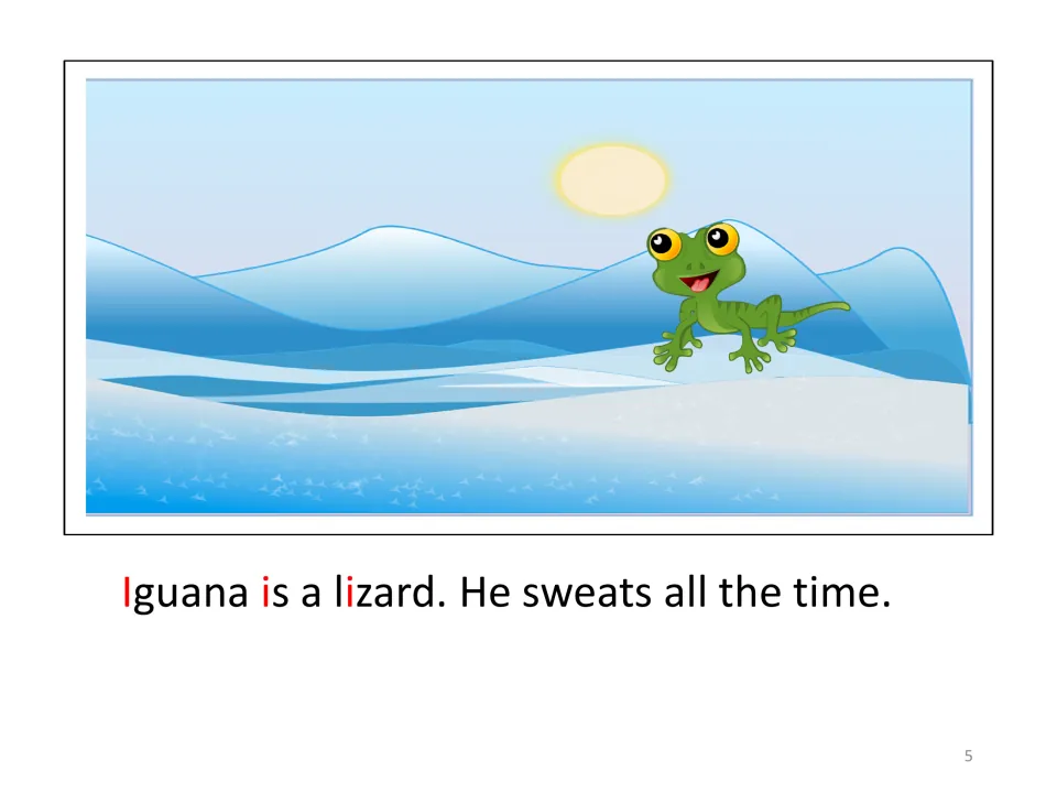 Illustrated story opening shows Iguana in a snowy scene: “Iguana is a lizard. He sweats all the time.”
