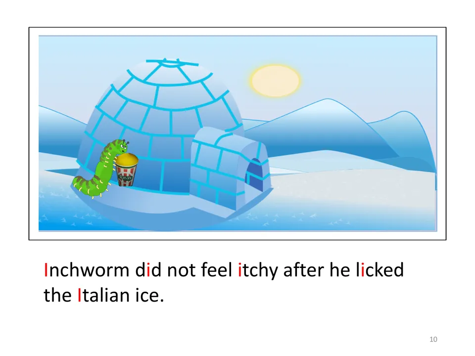 Illustrated story page shows Inchworm beside an igloo, no longer feeling itchy after licking Italian ice.
