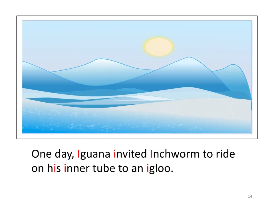 Story page for adding pictures tells how Iguana invited Inchworm to ride his inner tube to an igloo.