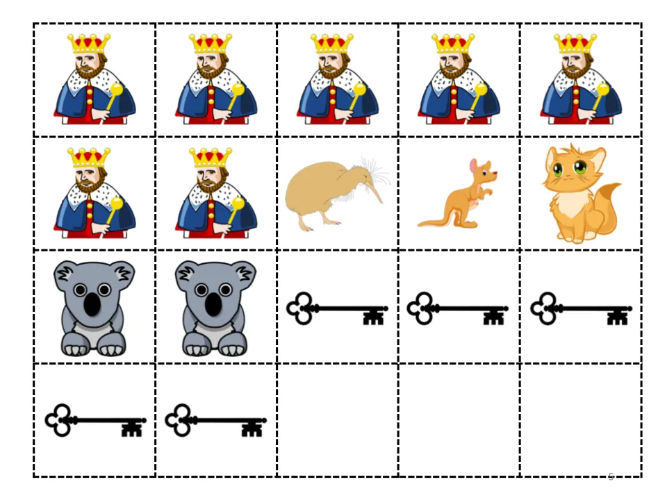 Story cut-and-paste sheet: seven kings, five keys, two koalas, one kiwi, one kangaroo, and one kitten