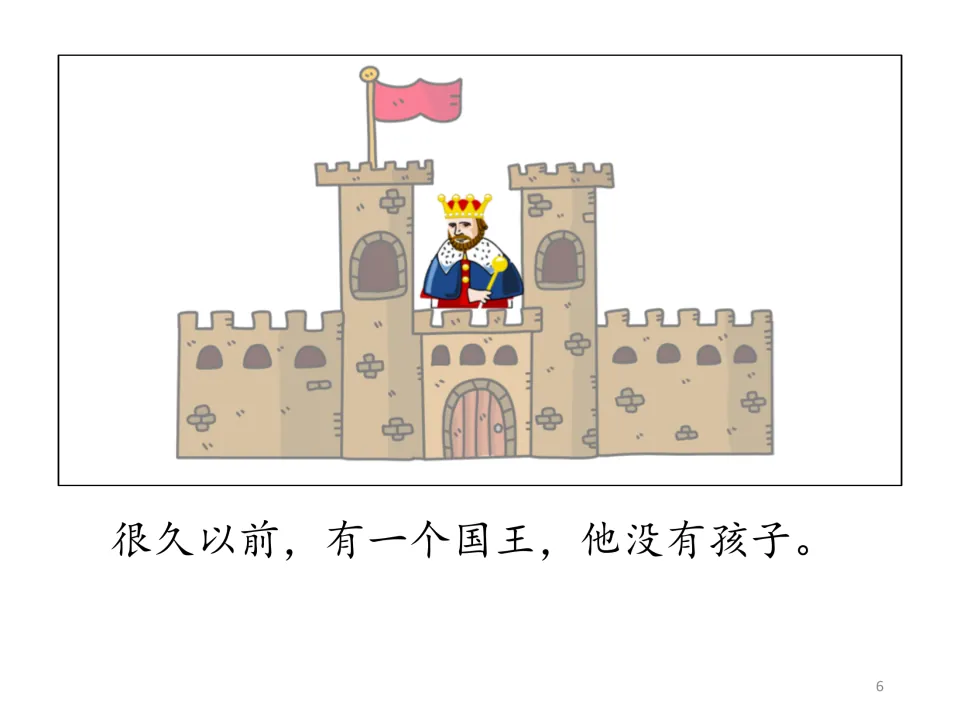 Chinese story opening: a king stands in his castle; the sentence says that long ago he had no children