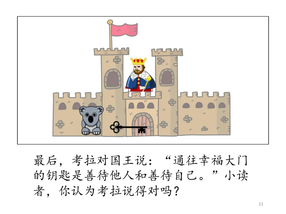 Chinese story ending: the koala says kindness to others and oneself brings happiness; readers are asked to agree