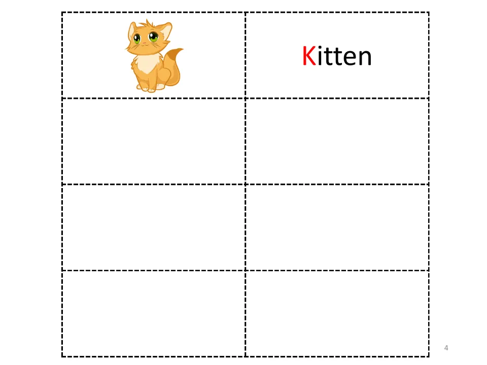 Letter K vocabulary sheet 3: a kitten picture and the word Kitten, completing the book's nine-word list
