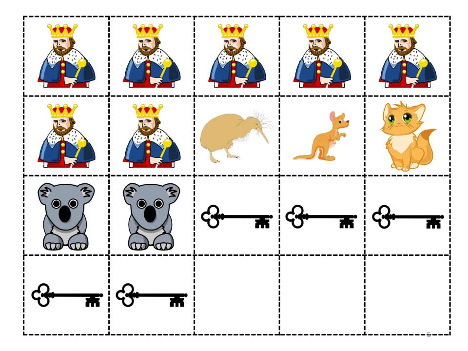 Story pictures to cut and glue: seven kings, five keys, two koalas, one kiwi, one kangaroo, and one kitten