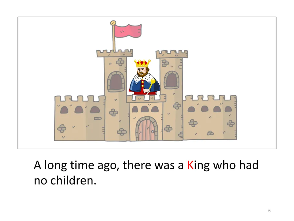 Letter K story opening: a king in a castle illustrates 'A long time ago, there was a King who had no children.'