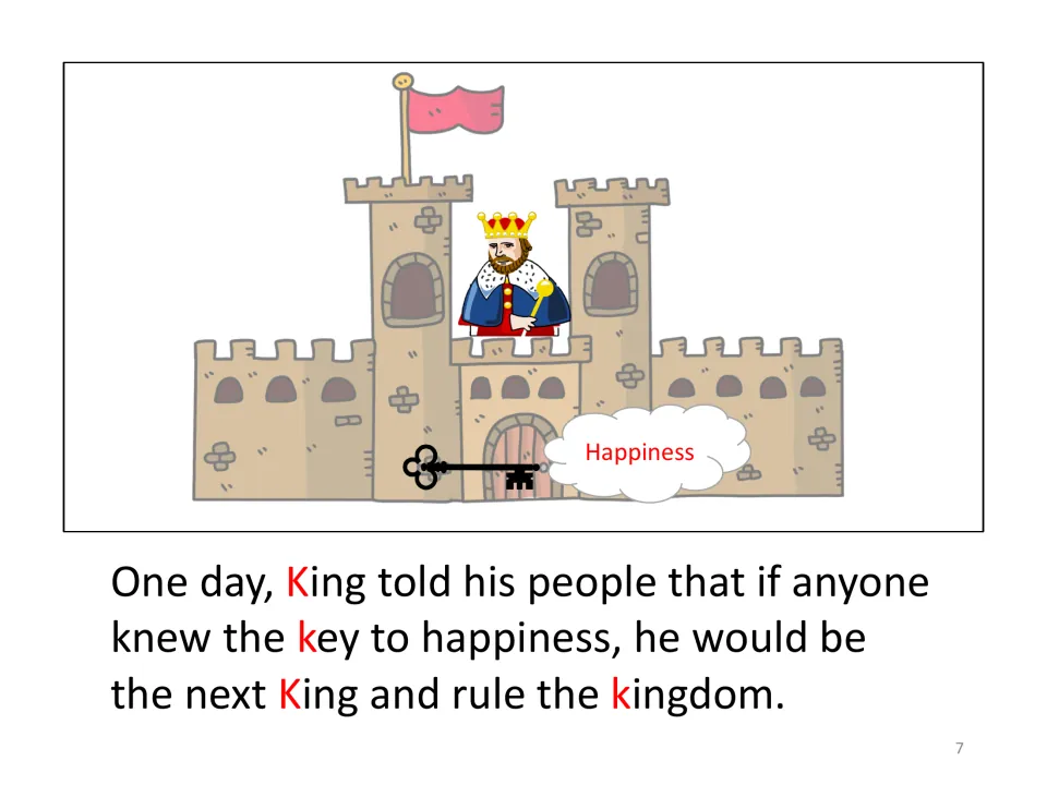Letter K story: the king promises his kingdom to anyone who knows the key to happiness, shown beside a key