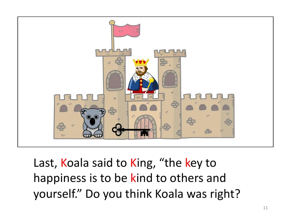 Letter K story: Koala says happiness comes from being kind to others and yourself, then readers judge his answer