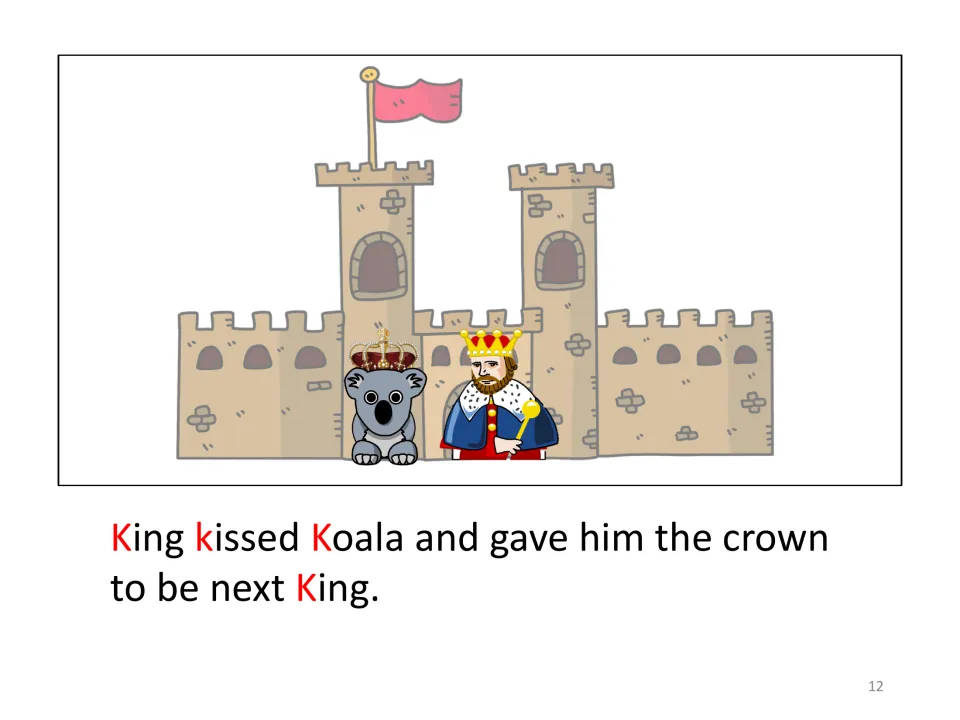 Letter K story ending: King kisses Koala and gives him the crown to be the next king, shown wearing a crown