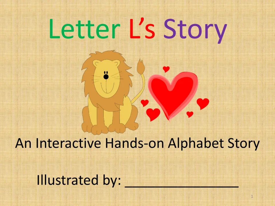 Letter L storybook cover showing a lion and hearts, with an interactive alphabet story subtitle and illustrator space