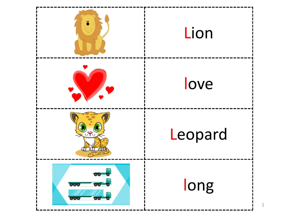 Letter L vocabulary entries 1–4: Lion, love, Leopard, and long, each paired with a picture and a red initial L or l