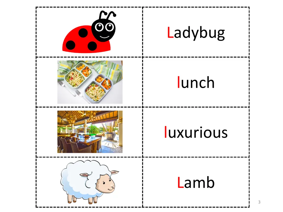 Letter L vocabulary entries 5–8: Ladybug, lunch, luxurious, and Lamb, each paired with an illustration or photo