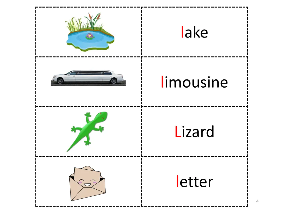 Letter L vocabulary entries 9–12: lake, limousine, Lizard, and letter, each paired with a matching picture