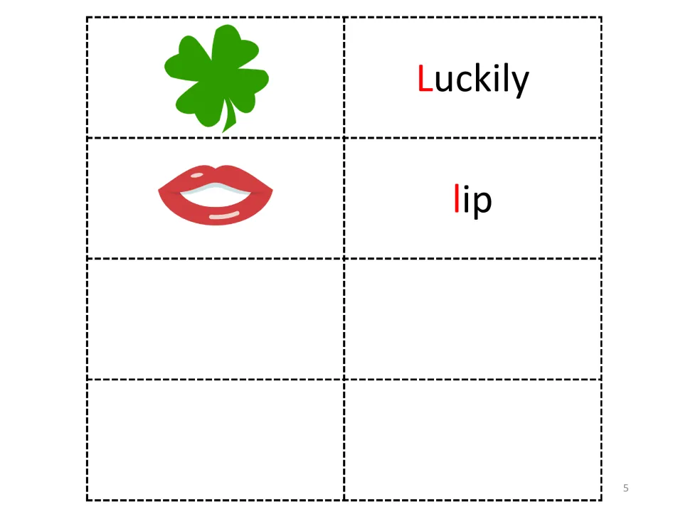 Final letter L vocabulary entries, Luckily and lip, paired with pictures of a four-leaf clover and a mouth