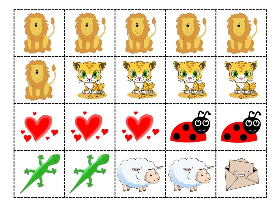Story cut-and-paste sheet: 6 lions, 4 leopards, 3 love pictures, 2 ladybugs, 2 lizards, 2 lambs, and 1 letter
