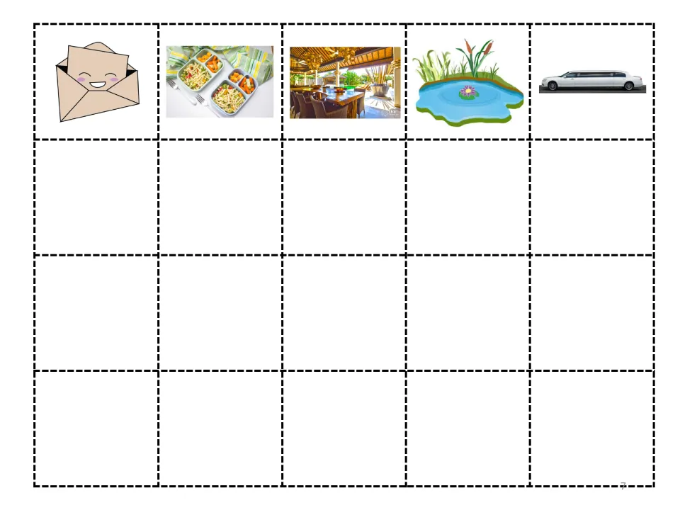 Second story cut-and-paste sheet with five pictures: a letter, lunch, a luxurious restaurant, a lake, and a limousine