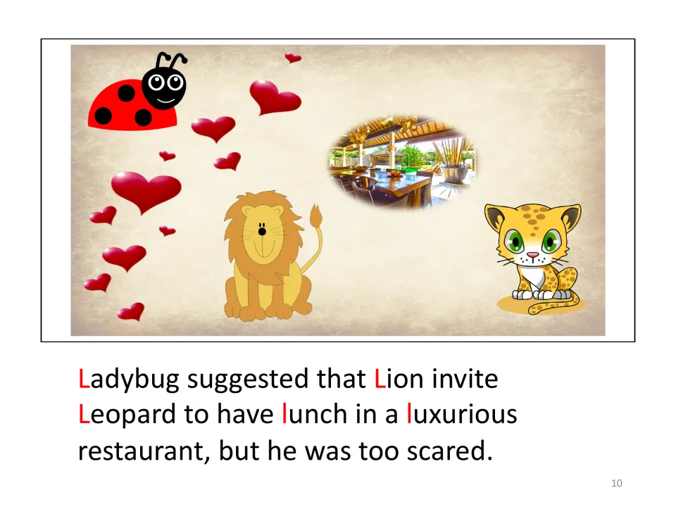 Story page 10: Ladybug suggests Lion invite Leopard to lunch in a luxurious restaurant, but he is too scared