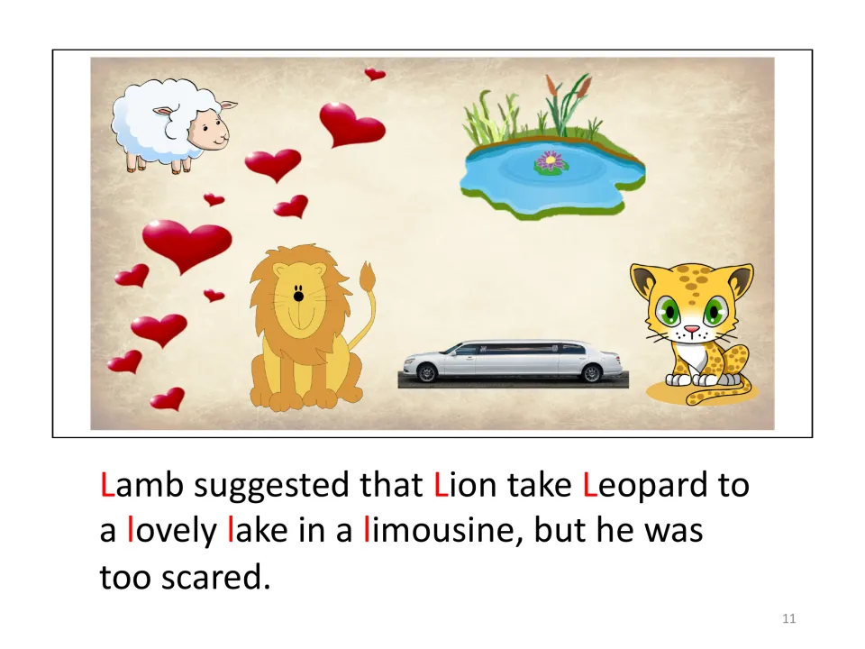 Story page 11: Lamb suggests Lion take Leopard to a lovely lake in a limousine, but Lion is too scared