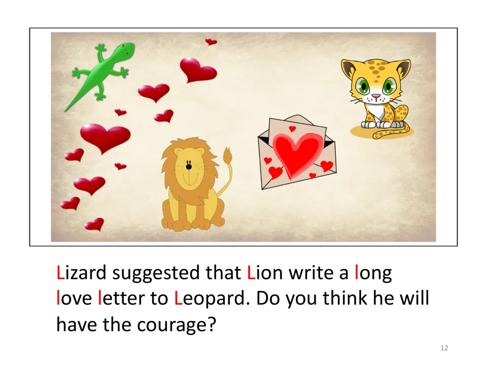Story page 12: Lizard suggests Lion write Leopard a long love letter; readers are asked if he will have the courage